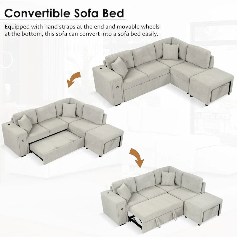 Roomfitters Sectional Sofa L-Shaped Pull-Out Bed with Movable Ottoman, Two USB Ports, and Cup Holders for Living Room