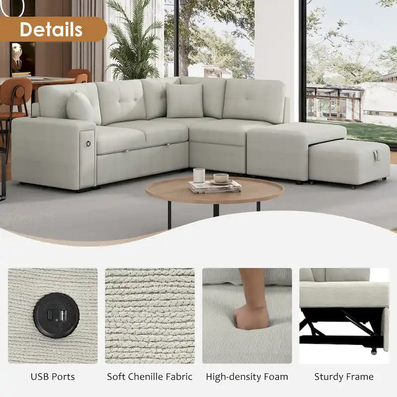 Roomfitters Sectional Sofa L-Shaped Pull-Out Bed with Movable Ottoman, Two USB Ports, and Cup Holders for Living Room