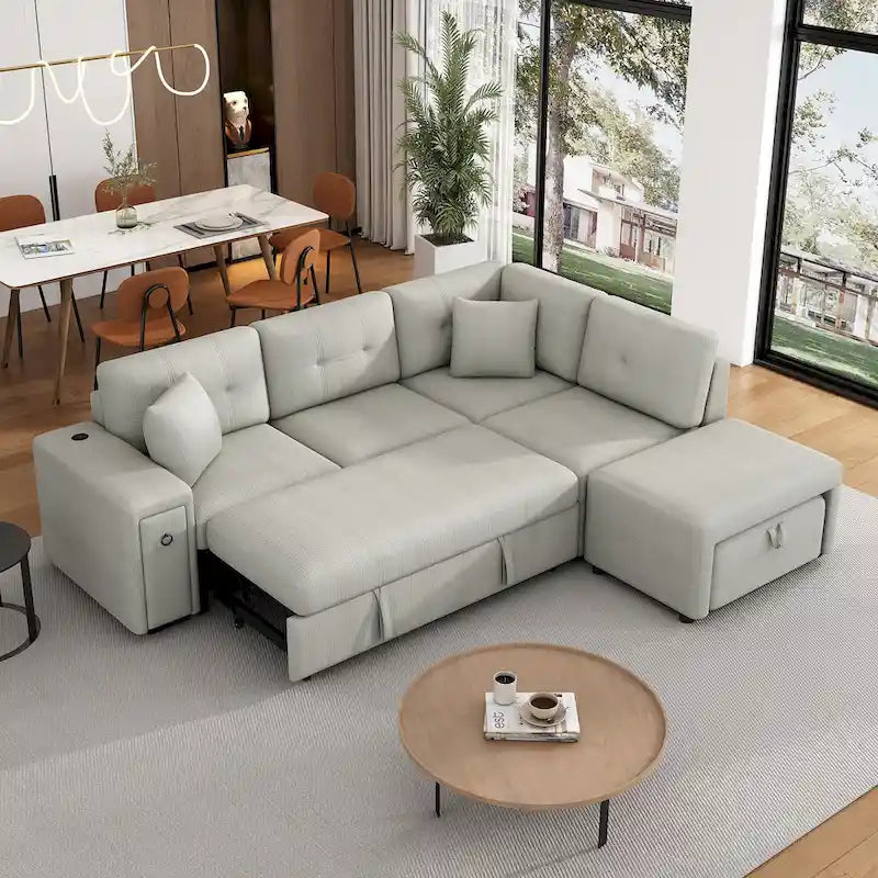 Roomfitters Sectional Sofa L-Shaped Pull-Out Bed with Movable Ottoman, Two USB Ports, and Cup Holders for Living Room