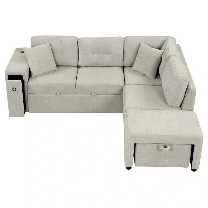 Roomfitters Sectional Sofa L-Shaped Pull-Out Bed with Movable Ottoman, Two USB Ports, and Cup Holders for Living Room