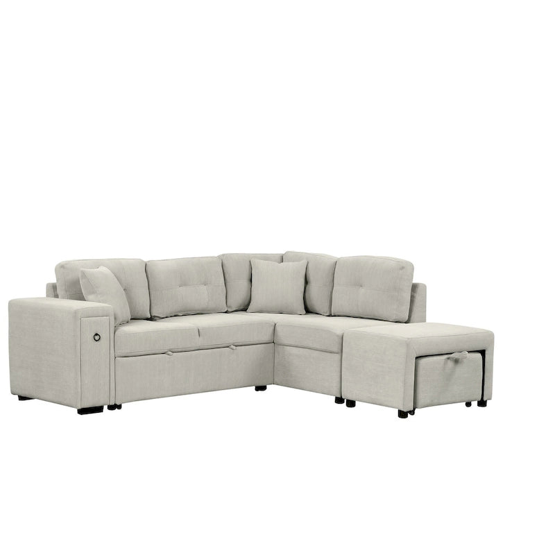 Roomfitters Sectional Sofa L-Shaped Pull-Out Bed with Movable Ottoman, Two USB Ports, and Cup Holders for Living Room