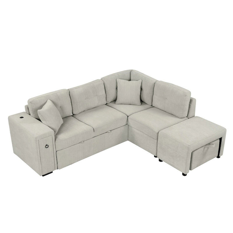 Roomfitters Sectional Sofa L-Shaped Pull-Out Bed with Movable Ottoman, Two USB Ports, and Cup Holders for Living Room