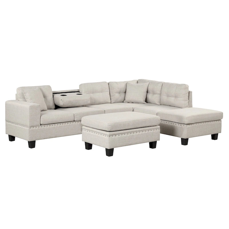 Roomfitters Modern L-Shape Sectional Sofa with Storage Ottoman, Reversible Chaise, Two Pillows, and Cup Holder