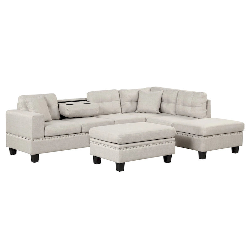 Roomfitters Modern L-Shape Sectional Sofa with Storage Ottoman, Reversible Chaise, Two Pillows, and Cup Holder