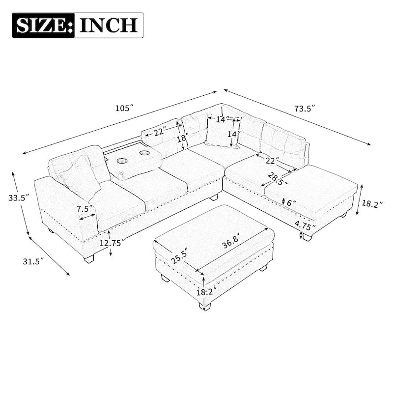 Roomfitters Modern L-Shape Sectional Sofa with Storage Ottoman, Reversible Chaise, Two Pillows, and Cup Holder