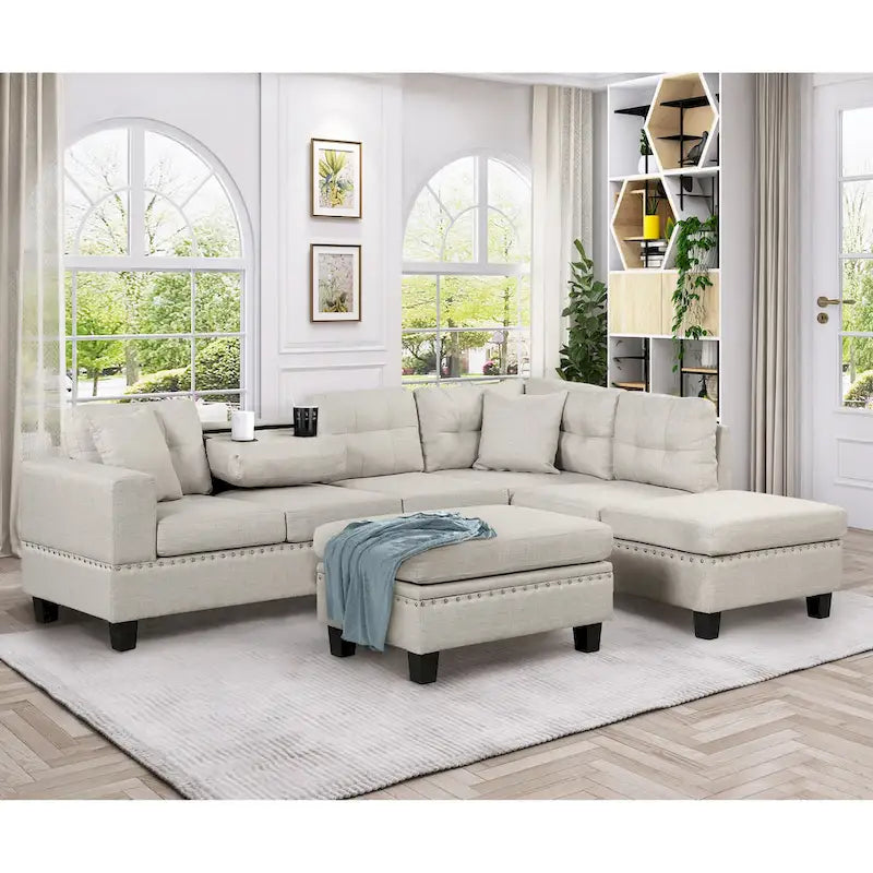 Roomfitters Modern L-Shape Sectional Sofa with Storage Ottoman, Reversible Chaise, Two Pillows, and Cup Holder
