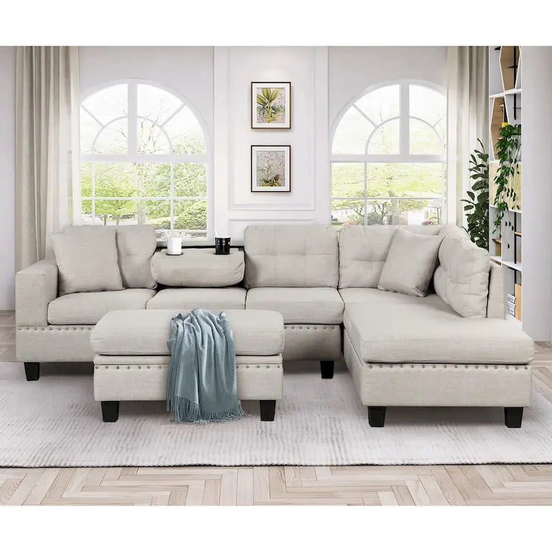 Roomfitters Modern L-Shape Sectional Sofa with Storage Ottoman, Reversible Chaise, Two Pillows, and Cup Holder