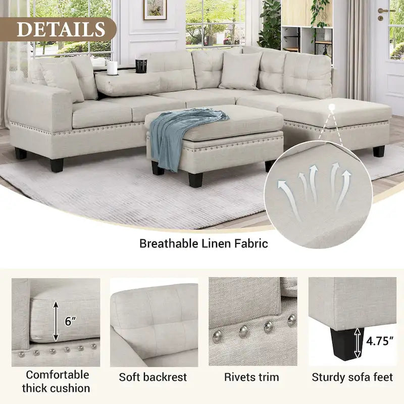 Roomfitters Modern L-Shape Sectional Sofa with Storage Ottoman, Reversible Chaise, Two Pillows, and Cup Holder