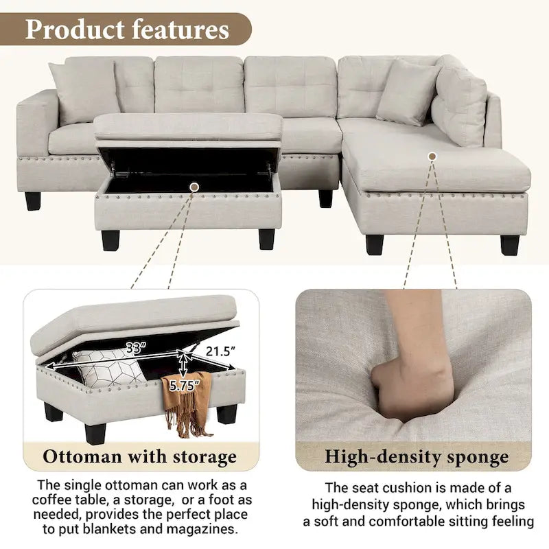 Roomfitters Modern L-Shape Sectional Sofa with Storage Ottoman, Reversible Chaise, Two Pillows, and Cup Holder