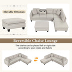 Roomfitters Modern L-Shape Sectional Sofa with Storage Ottoman, Reversible Chaise, Two Pillows, and Cup Holder