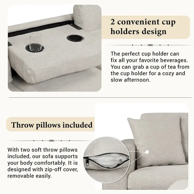 Roomfitters Modern L-Shape Sectional Sofa with Storage Ottoman, Reversible Chaise, Two Pillows, and Cup Holder
