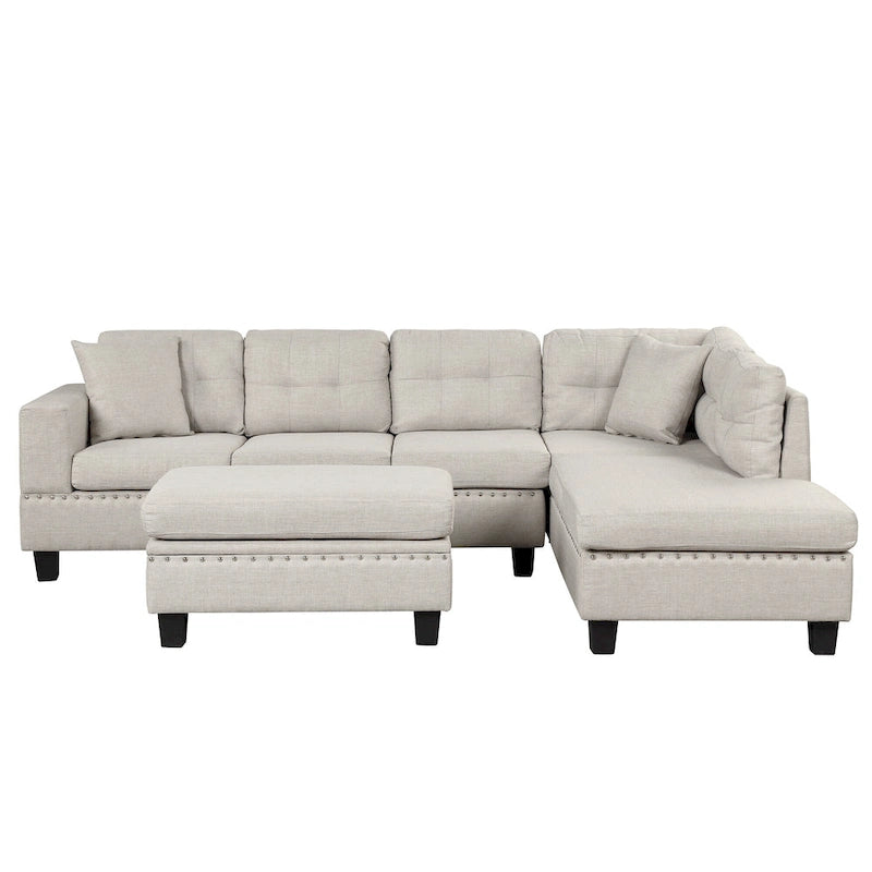 Roomfitters Modern L-Shape Sectional Sofa with Storage Ottoman, Reversible Chaise, Two Pillows, and Cup Holder