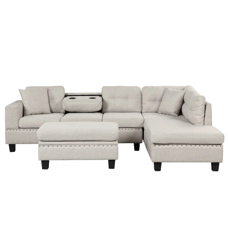 Roomfitters Modern L-Shape Sectional Sofa with Storage Ottoman, Reversible Chaise, Two Pillows, and Cup Holder