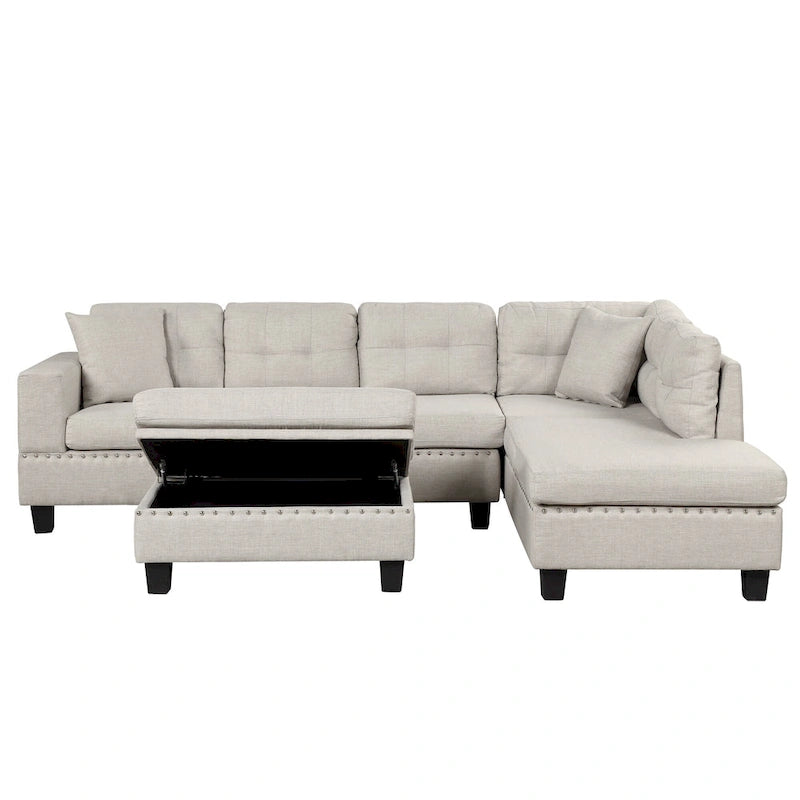 Roomfitters Modern L-Shape Sectional Sofa with Storage Ottoman, Reversible Chaise, Two Pillows, and Cup Holder