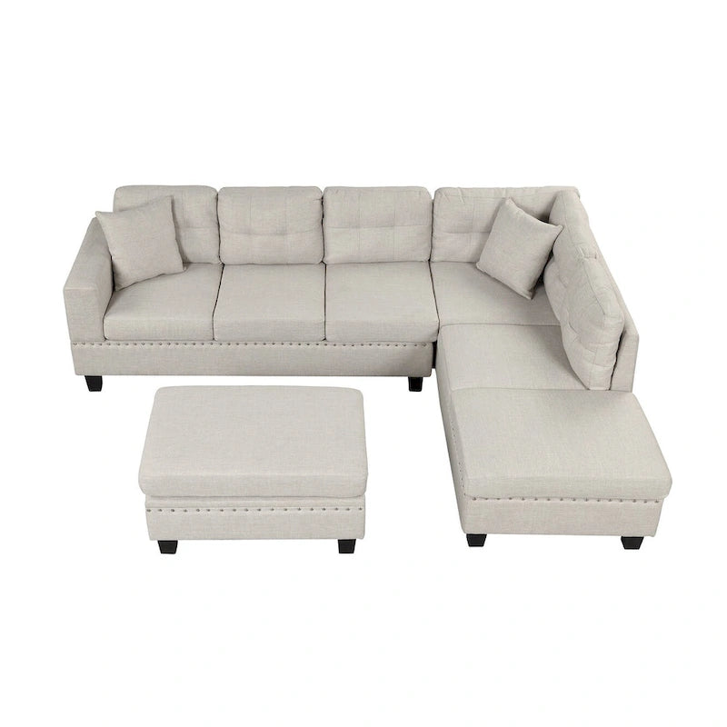 Roomfitters Modern L-Shape Sectional Sofa with Storage Ottoman, Reversible Chaise, Two Pillows, and Cup Holder