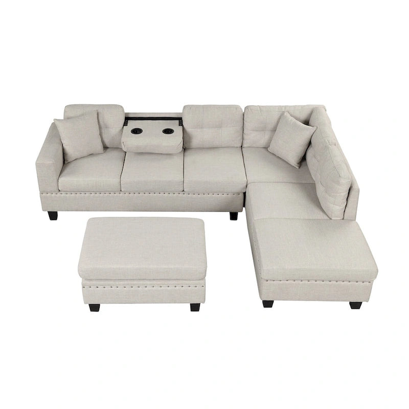 Roomfitters Modern L-Shape Sectional Sofa with Storage Ottoman, Reversible Chaise, Two Pillows, and Cup Holder