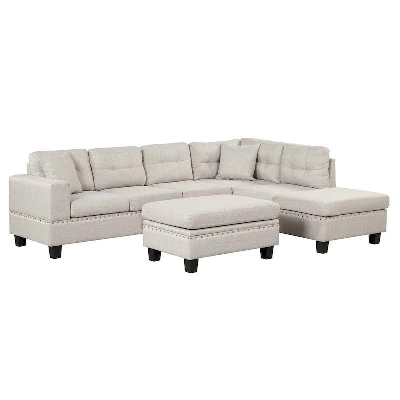 Roomfitters Modern L-Shape Sectional Sofa with Storage Ottoman, Reversible Chaise, Two Pillows, and Cup Holder