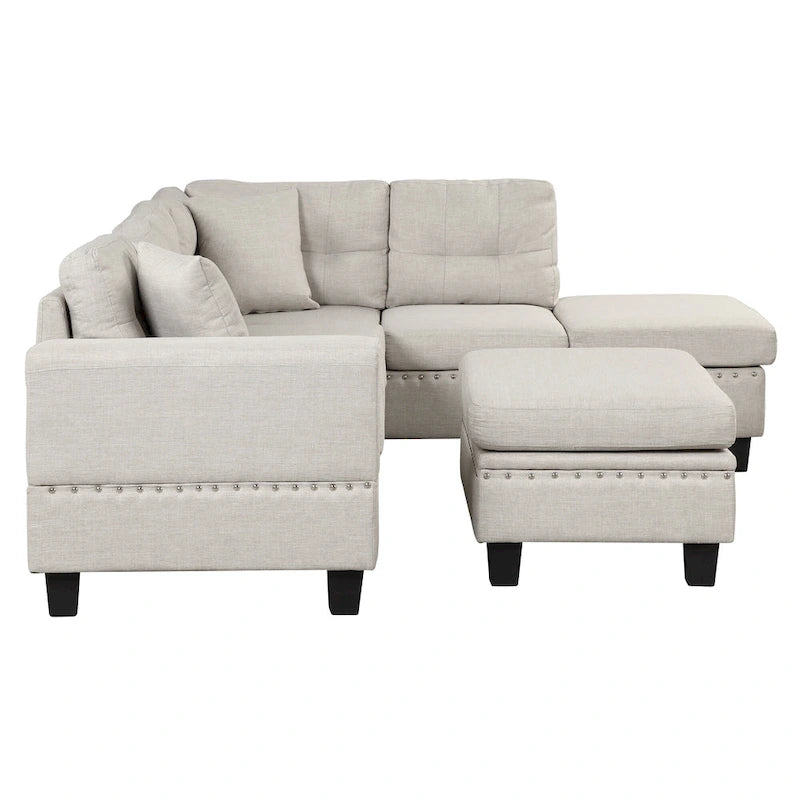 Roomfitters Modern L-Shape Sectional Sofa with Storage Ottoman, Reversible Chaise, Two Pillows, and Cup Holder