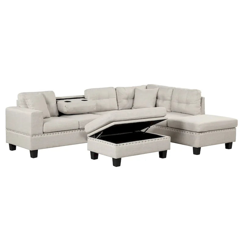 Roomfitters Modern L-Shape Sectional Sofa with Storage Ottoman, Reversible Chaise, Two Pillows, and Cup Holder