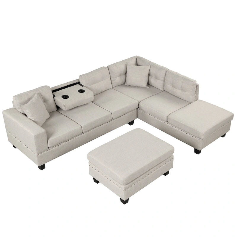 Roomfitters Modern L-Shape Sectional Sofa with Storage Ottoman, Reversible Chaise, Two Pillows, and Cup Holder