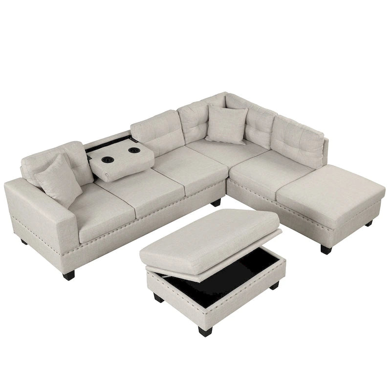 Roomfitters Modern L-Shape Sectional Sofa with Storage Ottoman, Reversible Chaise, Two Pillows, and Cup Holder