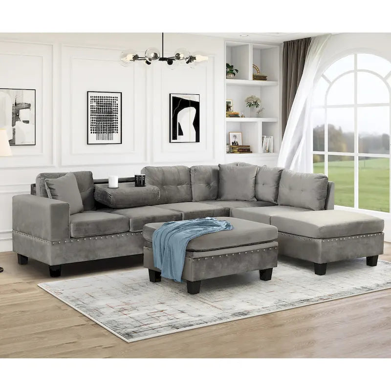 Roomfitters Modern L-Shape Sectional Sofa with Storage Ottoman, Reversible Chaise, Two Pillows, and Cup Holder
