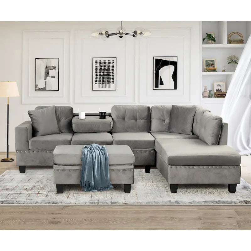 Roomfitters Modern L-Shape Sectional Sofa with Storage Ottoman, Reversible Chaise, Two Pillows, and Cup Holder