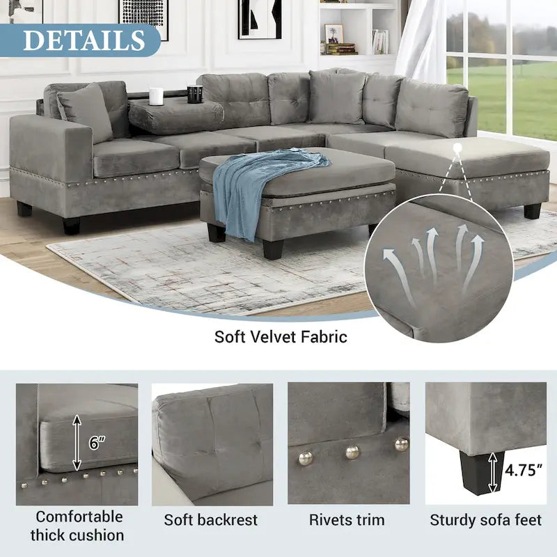 Roomfitters Modern L-Shape Sectional Sofa with Storage Ottoman, Reversible Chaise, Two Pillows, and Cup Holder