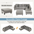 Roomfitters Modern L-Shape Sectional Sofa with Storage Ottoman, Reversible Chaise, Two Pillows, and Cup Holder