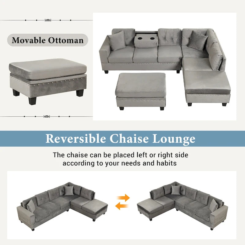 Roomfitters Modern L-Shape Sectional Sofa with Storage Ottoman, Reversible Chaise, Two Pillows, and Cup Holder