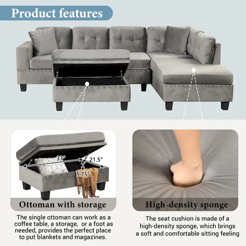 Roomfitters Modern L-Shape Sectional Sofa with Storage Ottoman, Reversible Chaise, Two Pillows, and Cup Holder