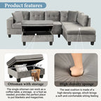 Roomfitters Modern L-Shape Sectional Sofa with Storage Ottoman, Reversible Chaise, Two Pillows, and Cup Holder