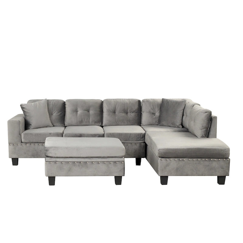 Roomfitters Modern L-Shape Sectional Sofa with Storage Ottoman, Reversible Chaise, Two Pillows, and Cup Holder