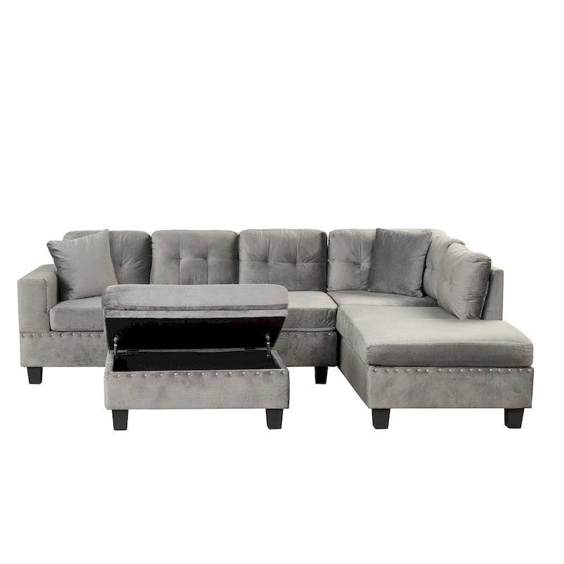 Roomfitters Modern L-Shape Sectional Sofa with Storage Ottoman, Reversible Chaise, Two Pillows, and Cup Holder