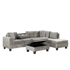 Roomfitters Modern L-Shape Sectional Sofa with Storage Ottoman, Reversible Chaise, Two Pillows, and Cup Holder