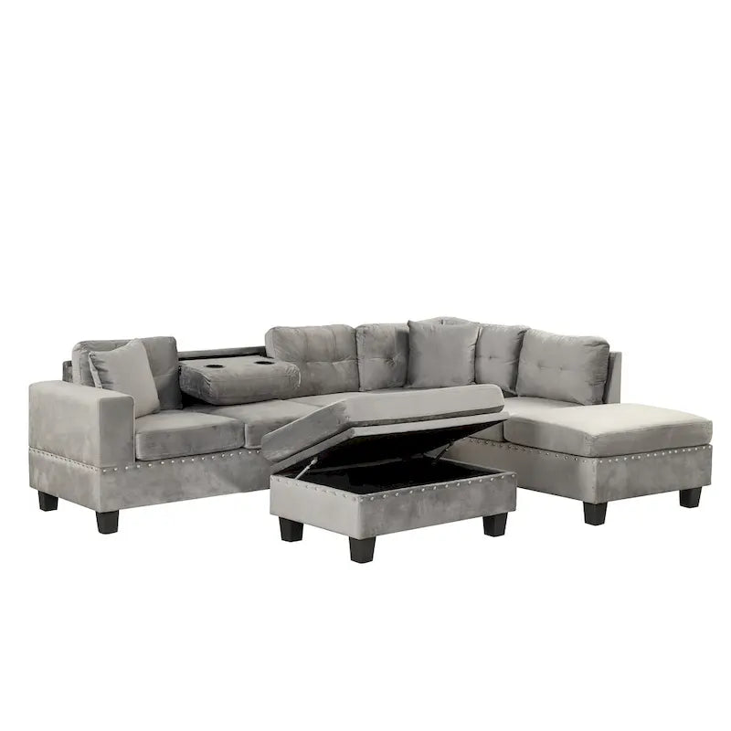 Roomfitters Modern L-Shape Sectional Sofa with Storage Ottoman, Reversible Chaise, Two Pillows, and Cup Holder