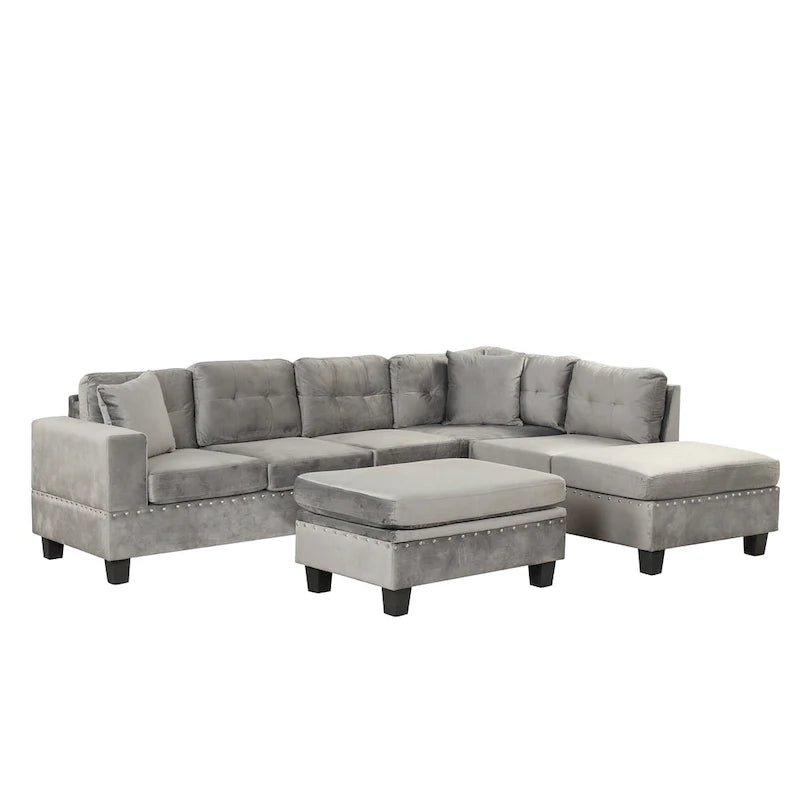 Roomfitters Modern L-Shape Sectional Sofa with Storage Ottoman, Reversible Chaise, Two Pillows, and Cup Holder