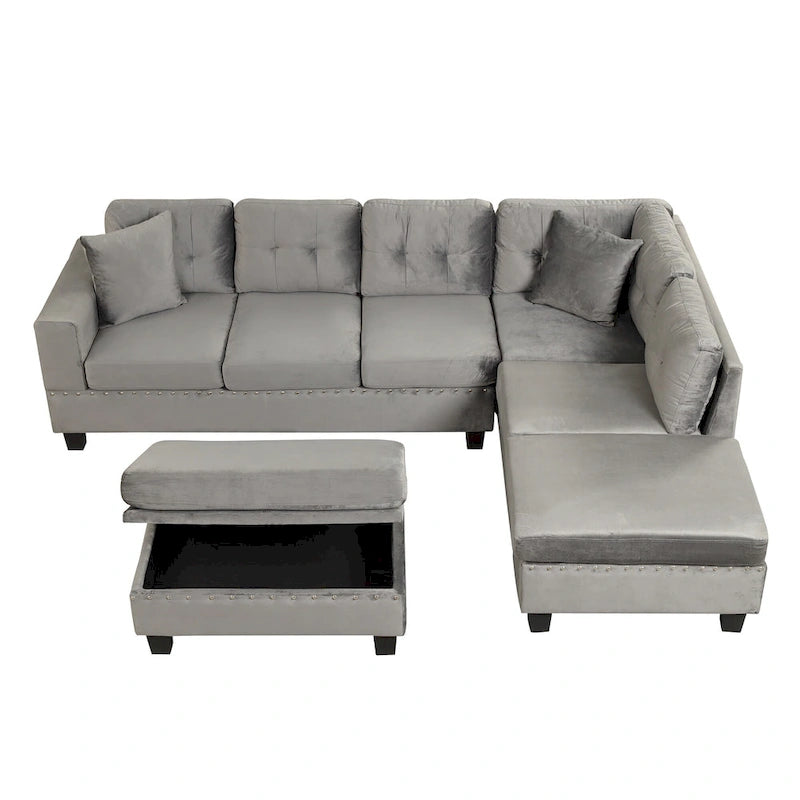 Roomfitters Modern L-Shape Sectional Sofa with Storage Ottoman, Reversible Chaise, Two Pillows, and Cup Holder