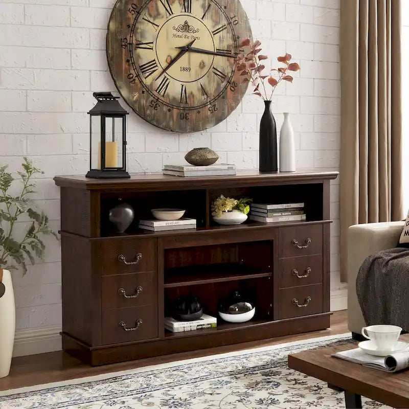 Traditional Rustic Farmhouse TV Stand with 6 Drawer, 4 Storage Shelf and Cable Management For Living Room Bedroom