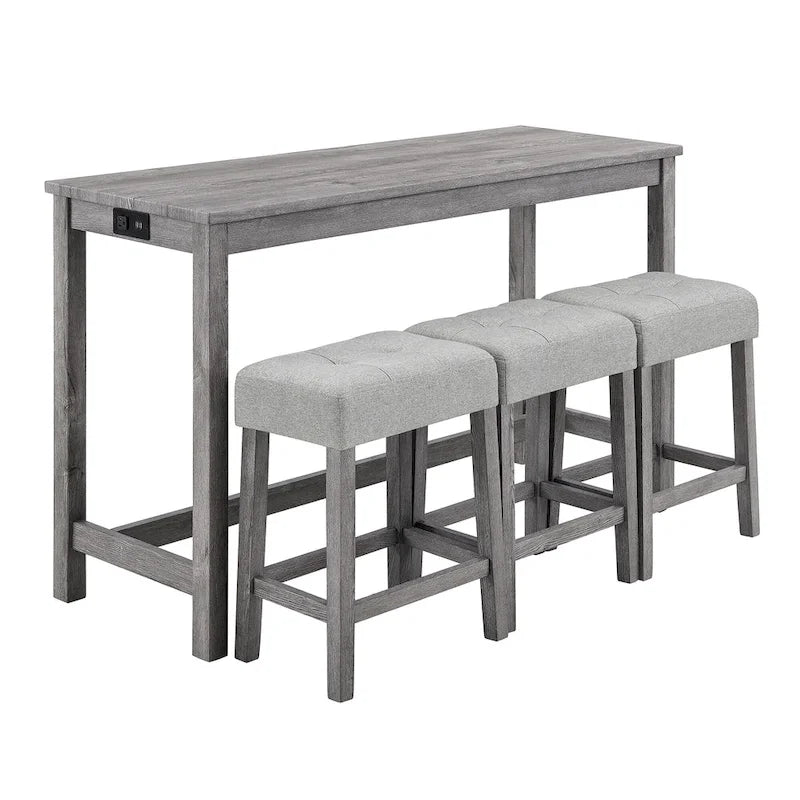 Bar Dining Table Set and 3 Bar Stools with Power Outlet Kitchen Breakfast Nook Wooden Dining Table Chairs Sets