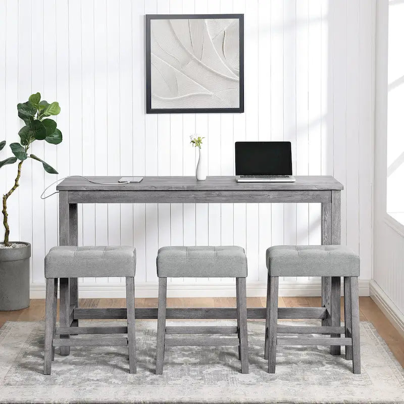 Bar Dining Table Set and 3 Bar Stools with Power Outlet Kitchen Breakfast Nook Wooden Dining Table Chairs Sets