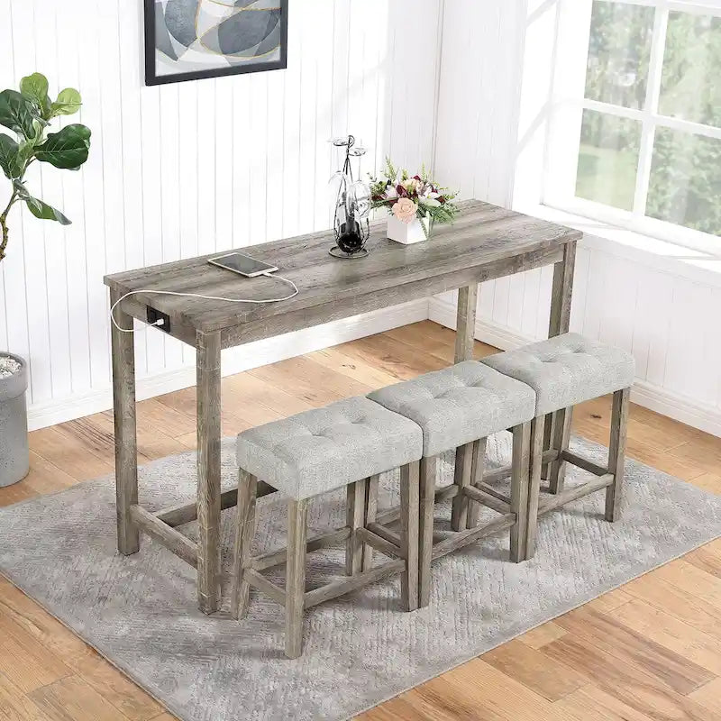 Bar Dining Table Set and 3 Bar Stools with Power Outlet Kitchen Breakfast Nook Wooden Dining Table Chairs Sets