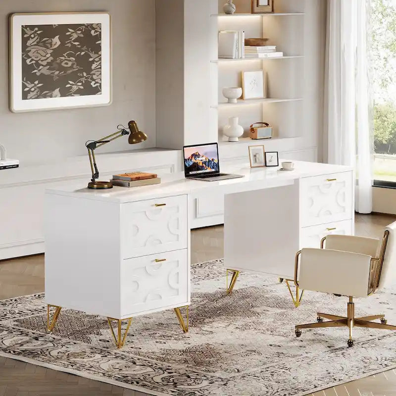 White Computer Desk with File Drawers, 59 Modern Home Office Desk