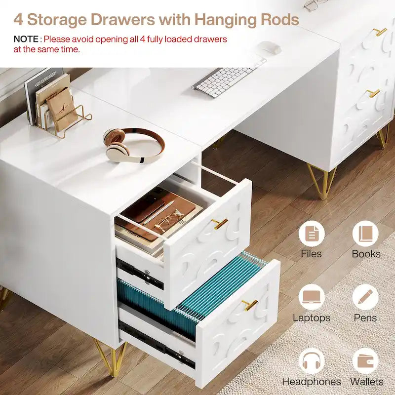 White Computer Desk with File Drawers, 59 Modern Home Office Desk