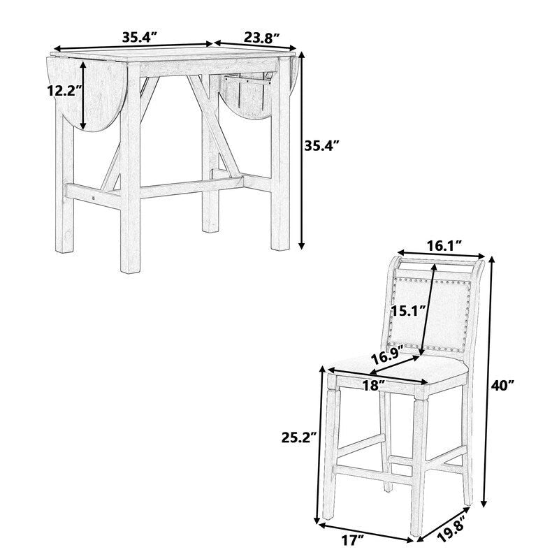 Compact 3-Piece Counter-Height Set  Drop-Leaf Wood Table & 2 Padded Dining Chairs for Small Spaces