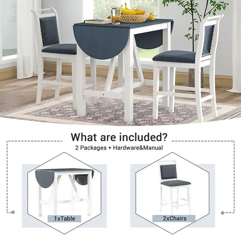 Compact 3-Piece Counter-Height Set  Drop-Leaf Wood Table & 2 Padded Dining Chairs for Small Spaces