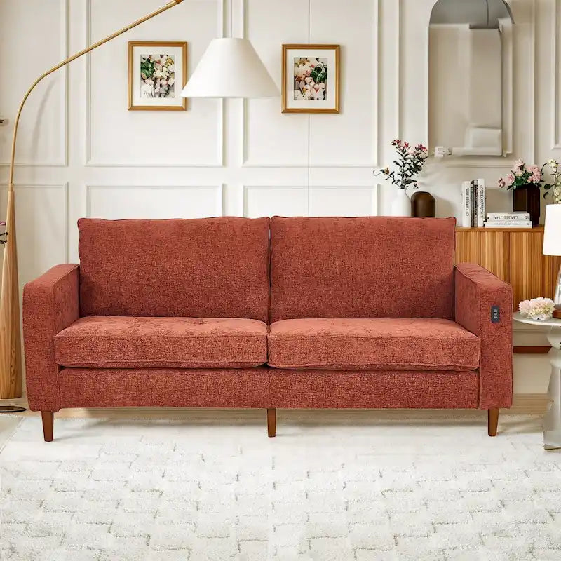 Modern 82 in. Square Arm Chenille Upholstered Rectangle Loveseat Sofa with USB Ports