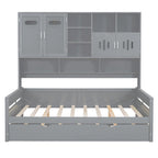 Full Size Daybed with Twin Size Trundle, Solid Wood Day Bed Frame w/All-in-One Cabinet and Shelf Compact Bedroom Daybed