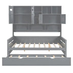 Full Size Daybed with Twin Size Trundle, Solid Wood Day Bed Frame w/All-in-One Cabinet and Shelf Compact Bedroom Daybed