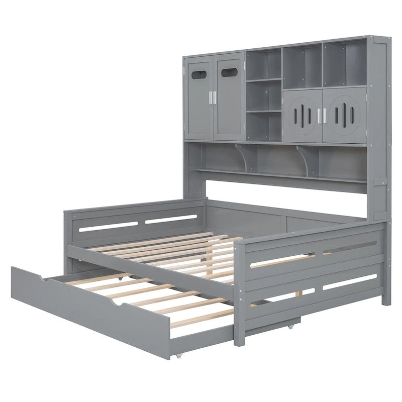 Full Size Daybed with Twin Size Trundle, Solid Wood Day Bed Frame w/All-in-One Cabinet and Shelf Compact Bedroom Daybed